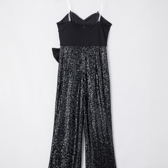 CLEARANCE 1 LEFT!!  Black Sequined Tube Top Waist Knot Wide Leg Jumpsuit - Picture 2 of 15